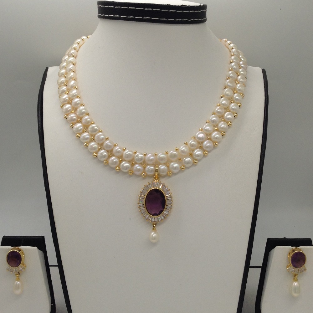 White, purple cz pendent set with 2 line button pearls mala jps0257