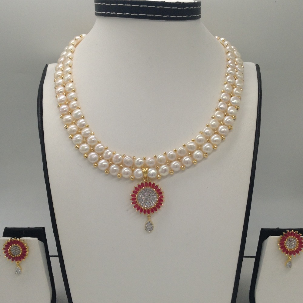 White,red cz pendent set with 2 line button pearls mala jps0254