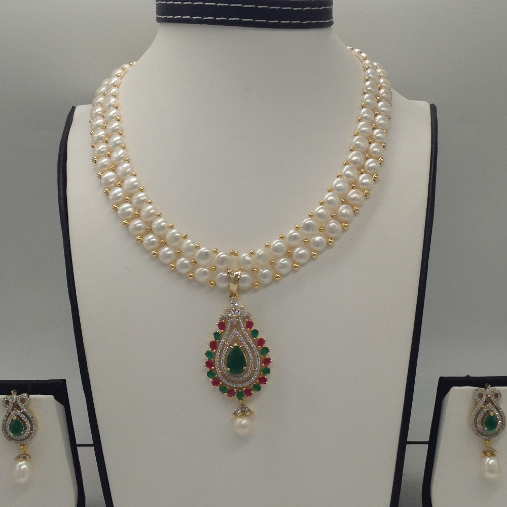 Tri colour cz pendent set with 2 line button pearls mala jps0249