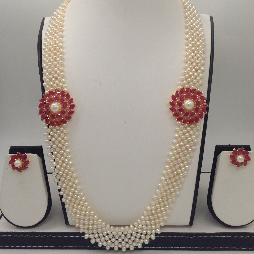 Red CZ And Pearl Broach Set With Seed "U" Jali Pearls Mala JPS0205