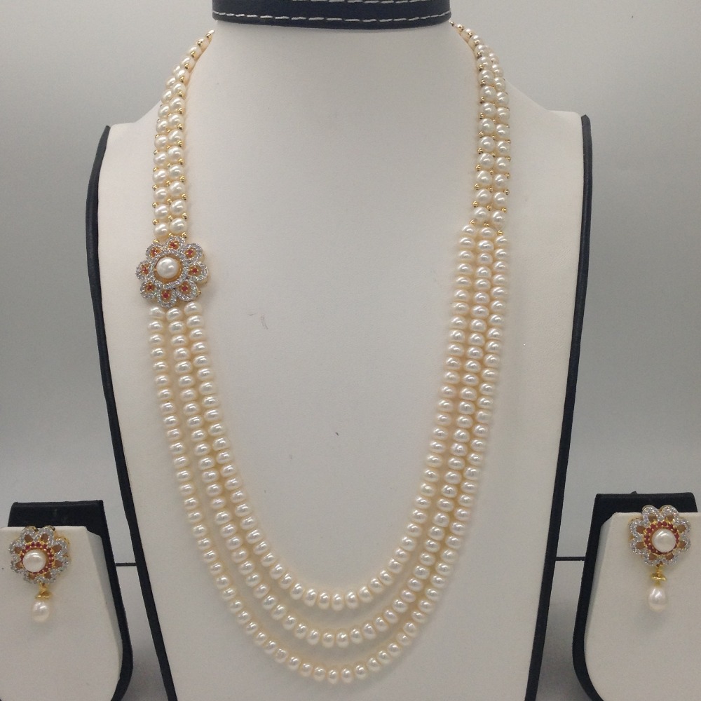 White, Red CZ And Pearls Broach Set With 2 Line Button Jali And 3 Line Flat Pearls Mala JPS0272