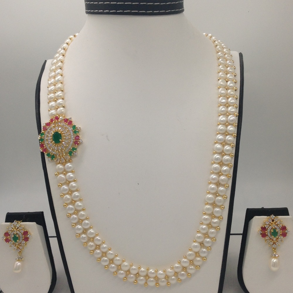 Tri Colour CZ Broach Set With 2 Line Button Jali Pearls Mala JPS0224
