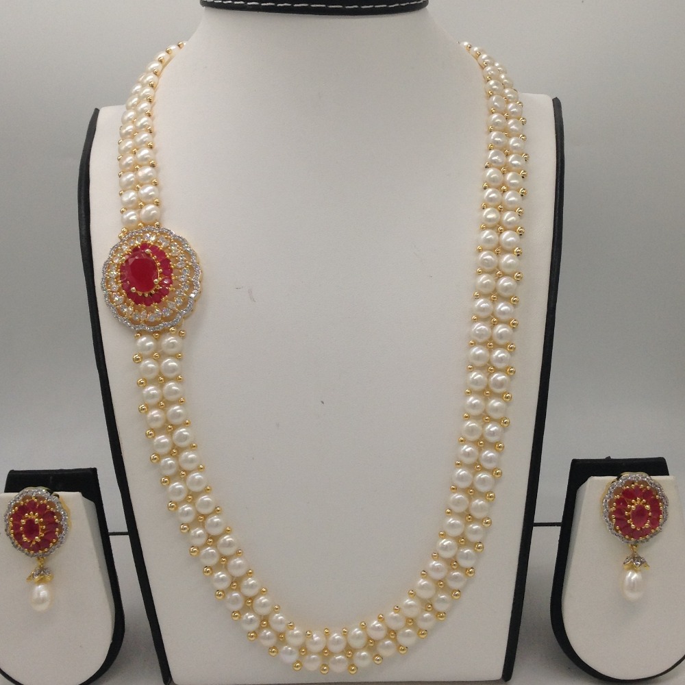 White And Red CZ Broach Set With 2 Line Button Jali Pearls Mala JPS0217