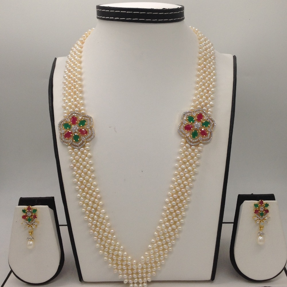 Tri Colour CZ Broach Set With Seed "V" Jali Pearls Mala JPS0204