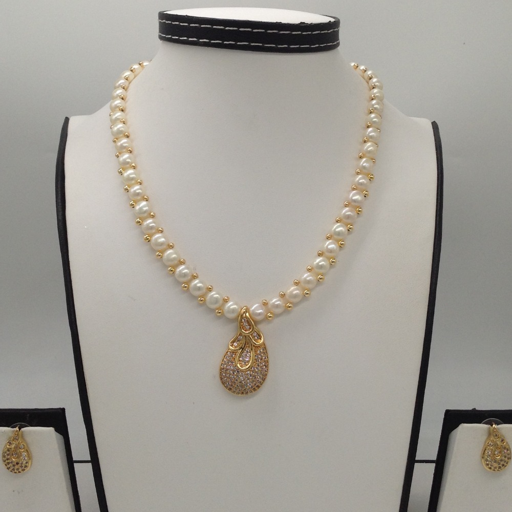 White cz pendent set with 1 line button jali pearls mala jps0206
