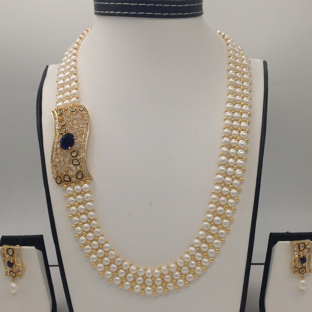 White And Black CZ Broach Set With 3 Line Button Jali Pearls Mala JPS0213