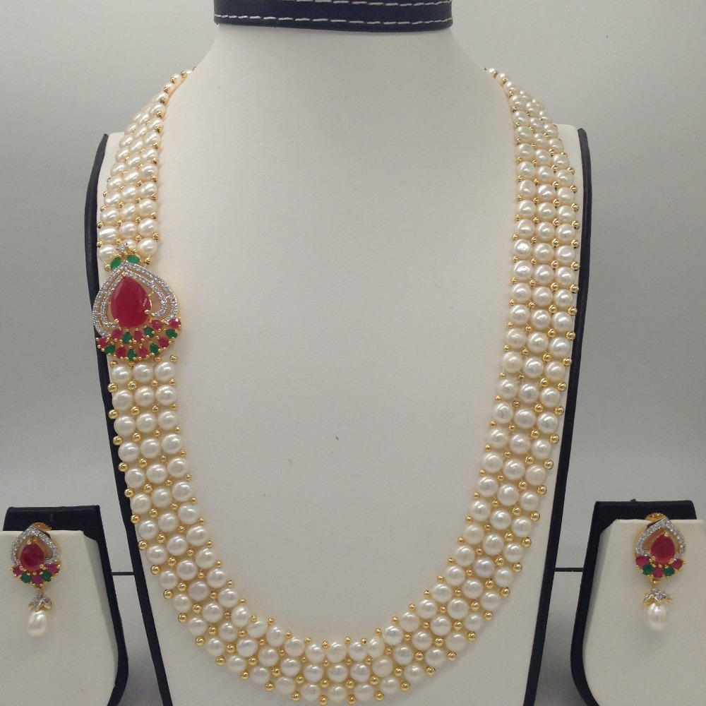 Tri Colour CZ Broach Set With 3 Line Button Jali Pearls Mala JPS0212