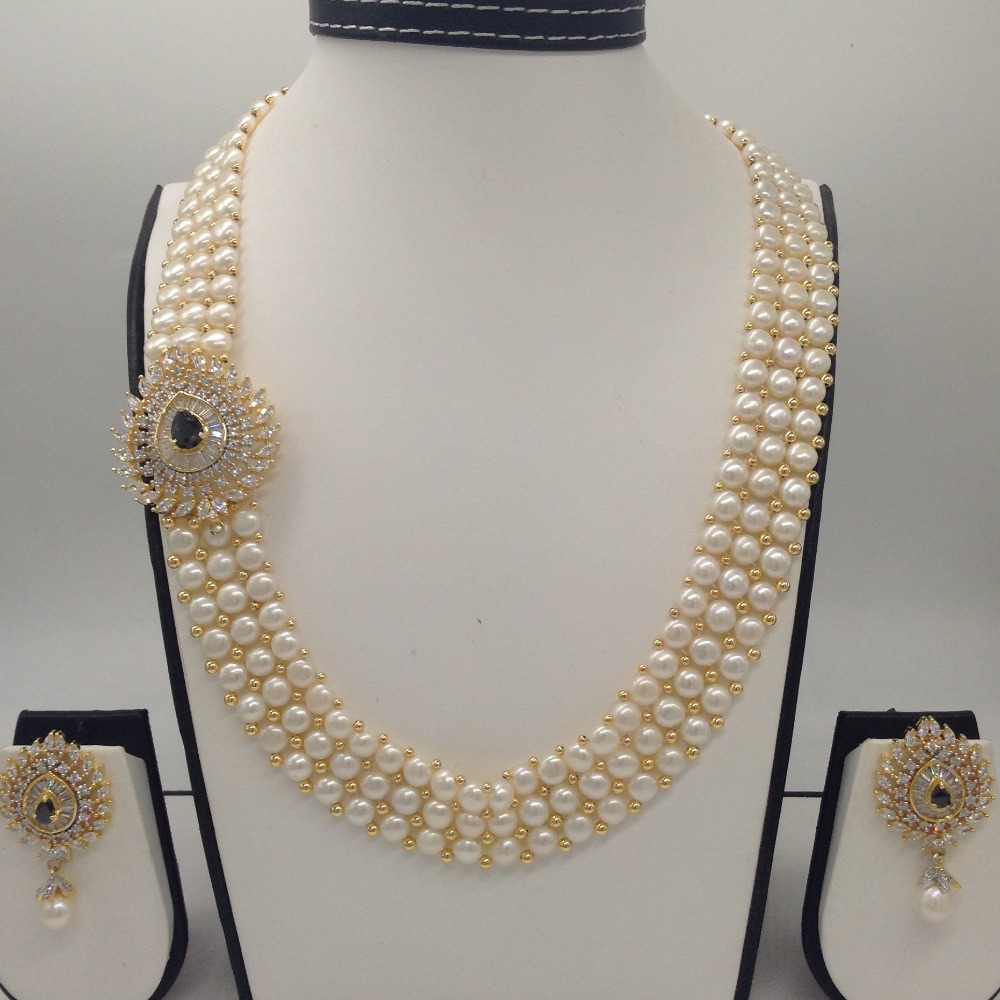 White And Black CZ Broach Set With 3 Line Button Jali Pearls Mala JPS0211