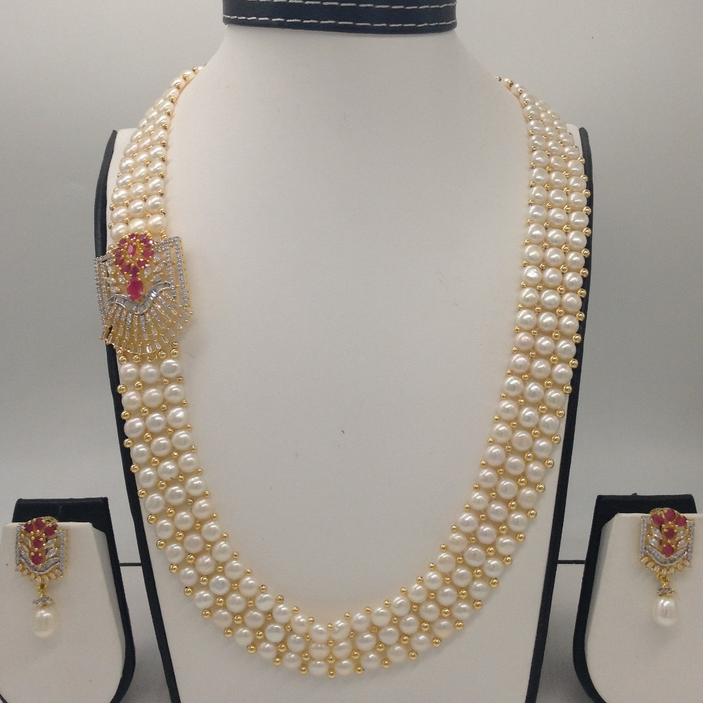 White And Red CZ Broach Set With 3 Line Button Jali Pearls Mala JPS0210
