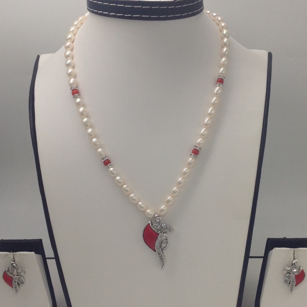White cz,coral pendent set with oval pearls mala jps0175