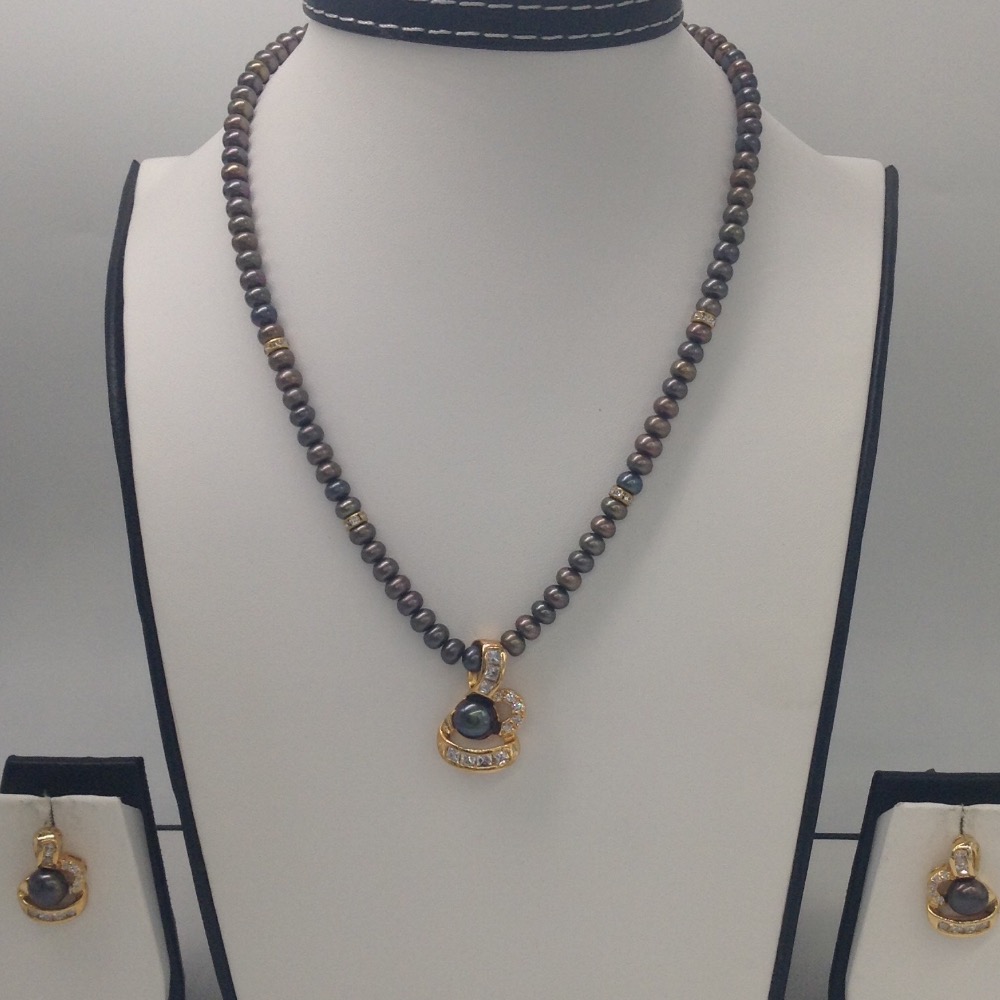 White CZ And Black Pearls Pendent Set With Black Flat Pearls Mala JPS0160