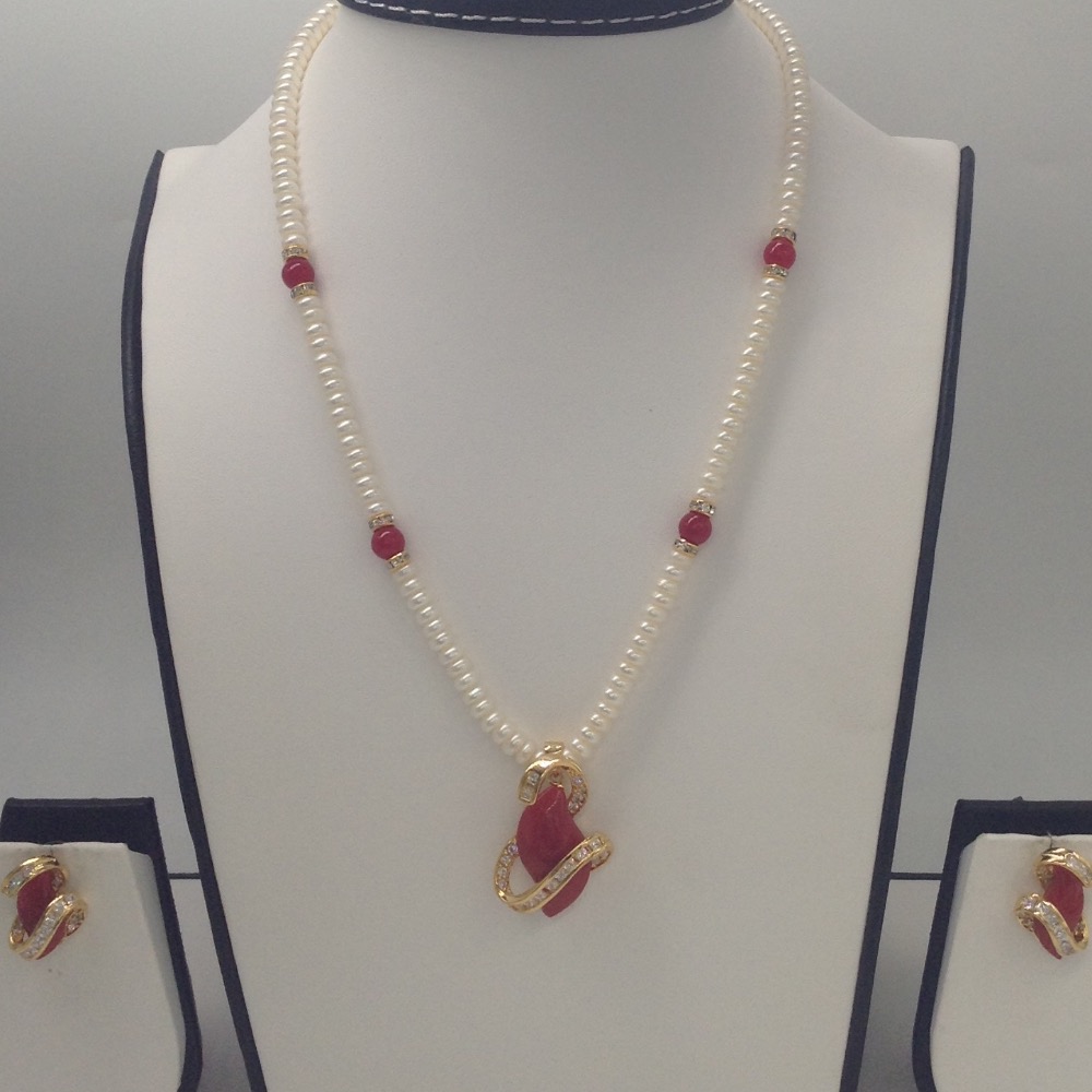 White cz,coral pendent set with flat pearls mala jps0156