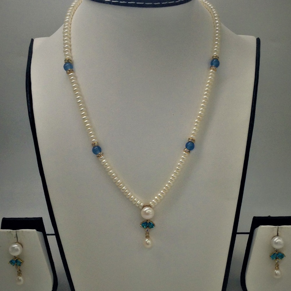 White, sky blue cz and pearls pendent set with flat mala jps0148