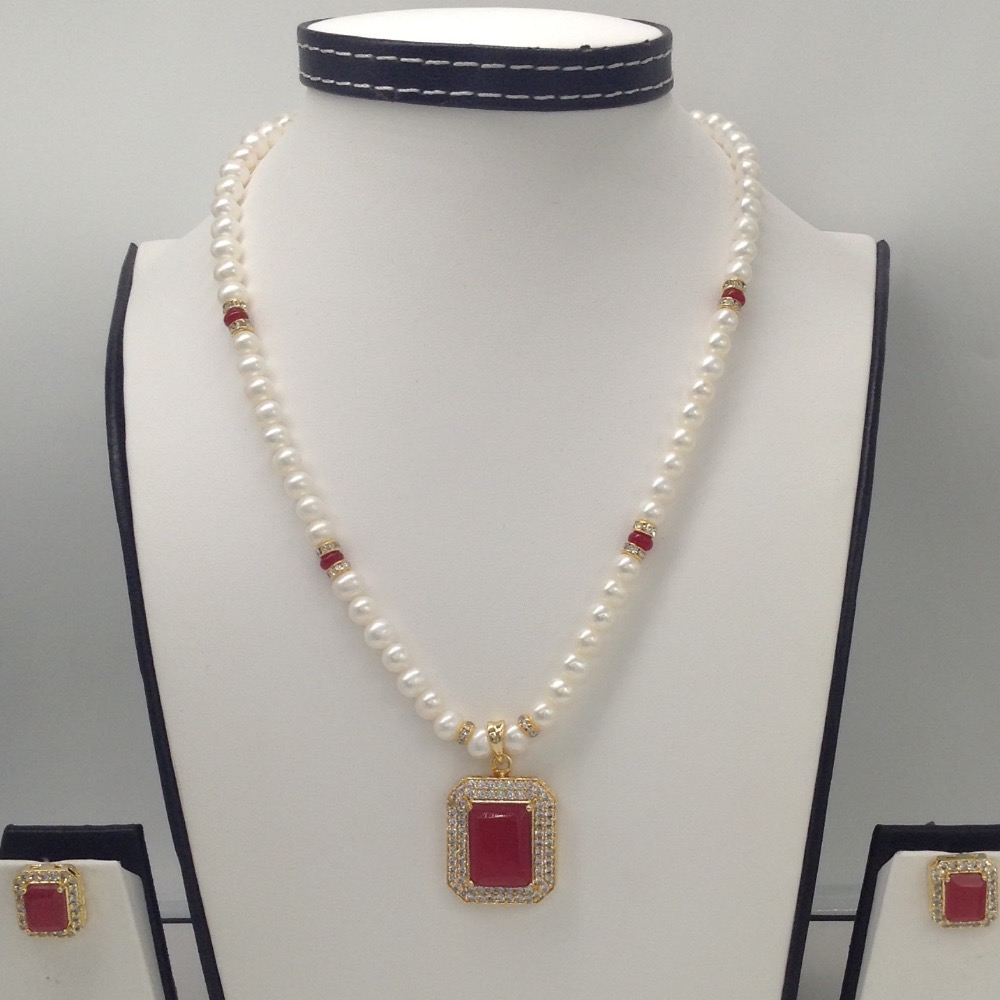 White,red cz pendent set with potato pearls mala jps0131
