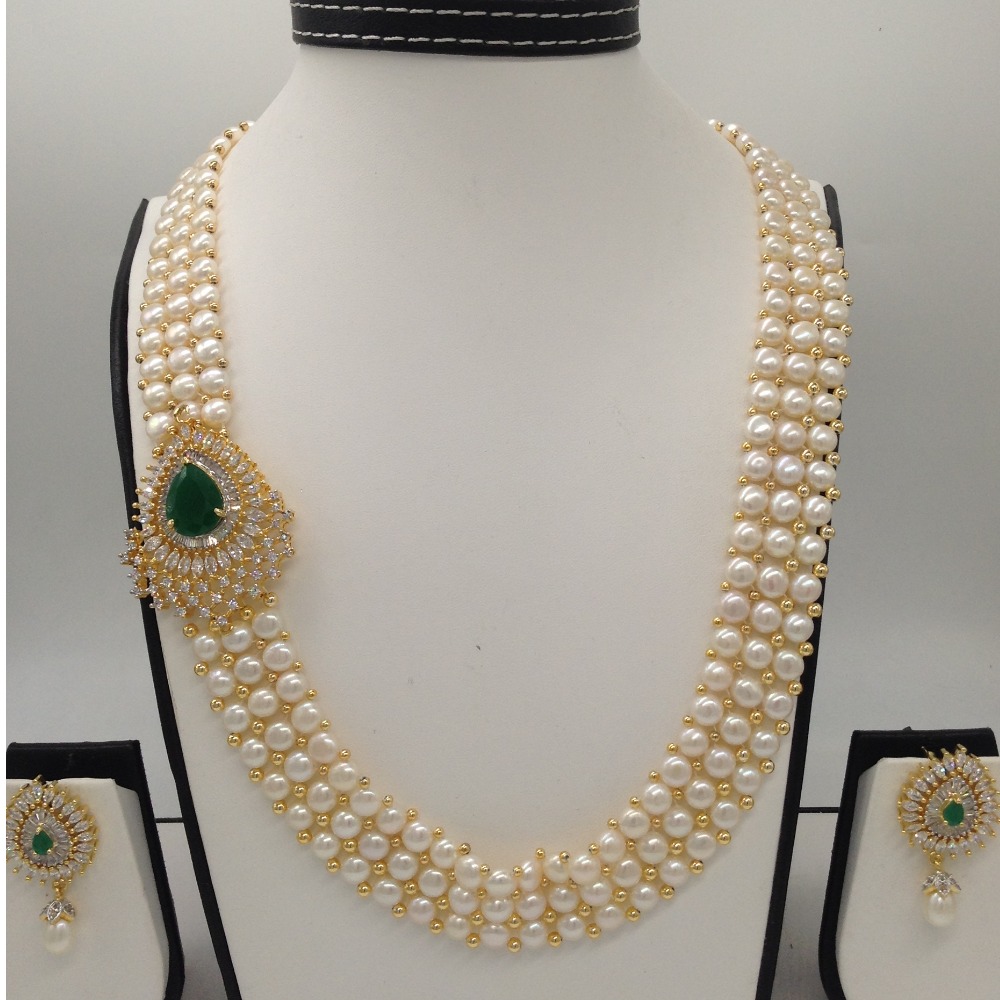 White And Green CZ Broach Set With 3 Line Button Jali Pearls Mala JPS0196