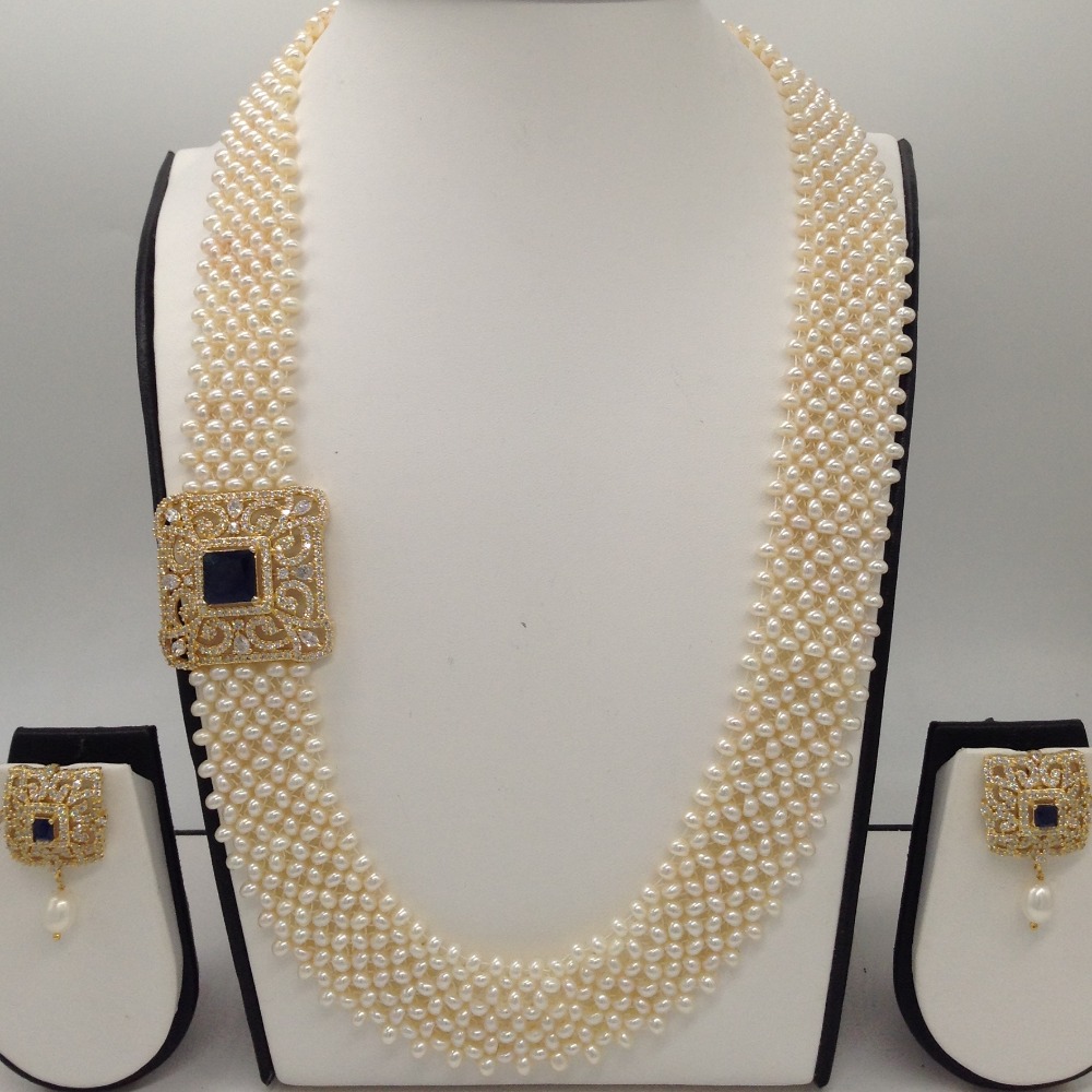 White And Black CZ Broach Set With Seed "U" Jali Pearls Mala JPS0200