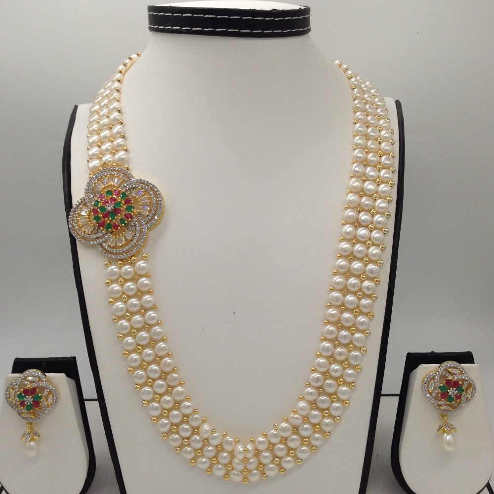 Tri Colour CZ Broach Set With 3 Line Button Jali Pearls Mala JPS0195
