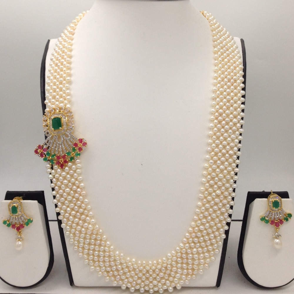 Tri Colour CZ Broach Set With Seed "U" Jali Pearls Mala JPS0201
