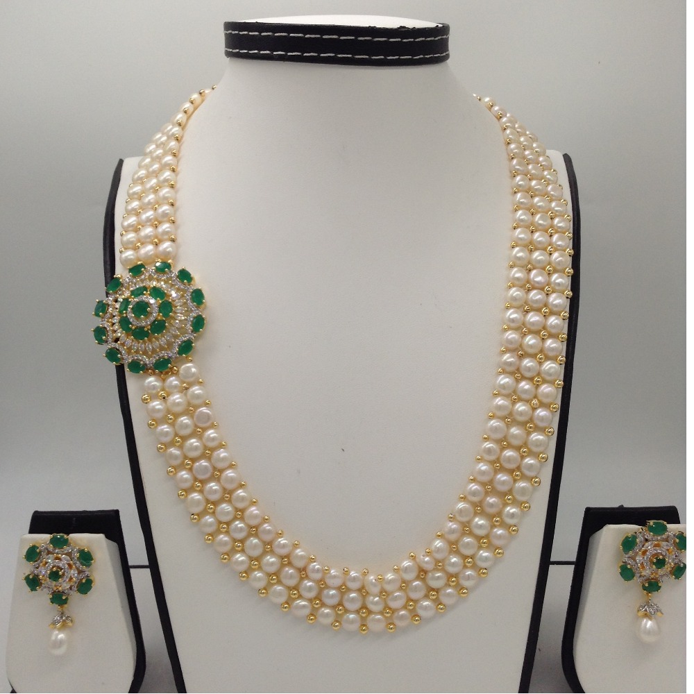 White And Green CZ Broach Set With 3 Line Button Jali Pearls Mala JPS0194
