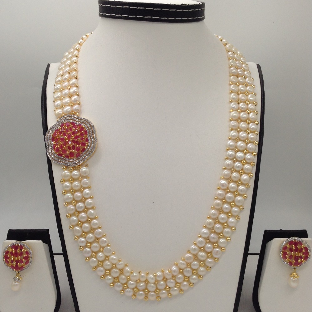 White And Red CZ Broach Set With 3 Line Button Jali Pearls Mala JPS0191