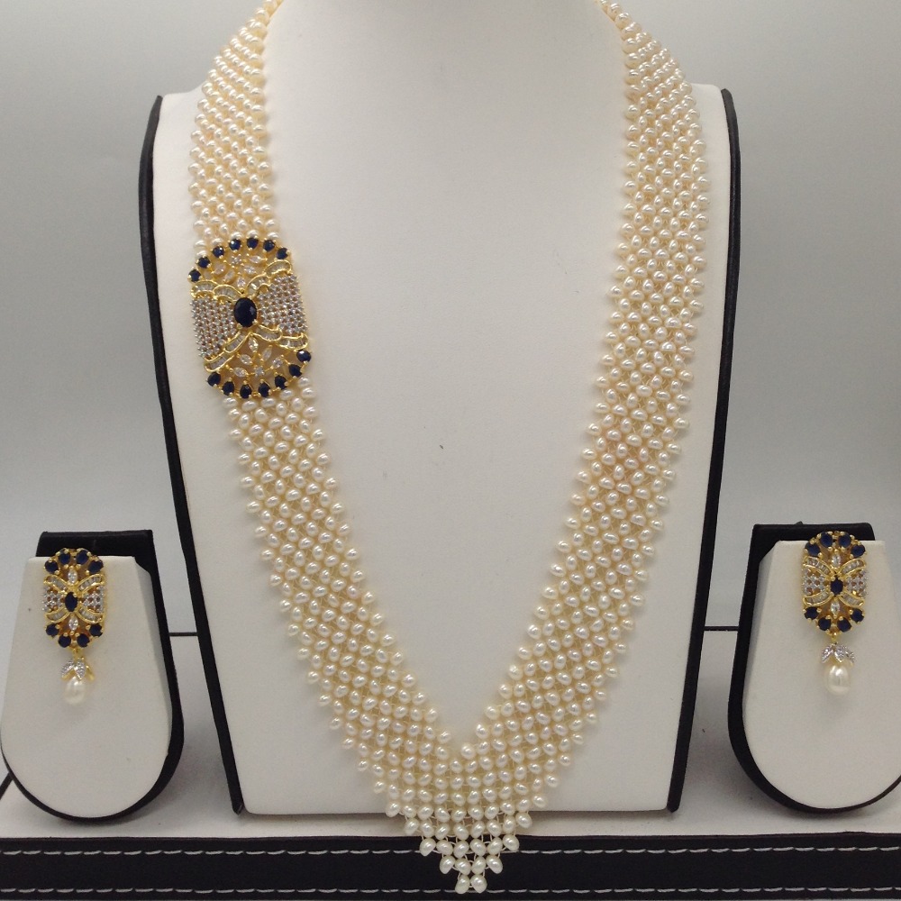 White And Black CZ Broach Set With Seed "V"Jali Pearls Mala JPS0198