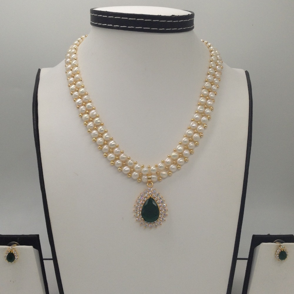 White,Green cz pendent set with 2 line button pearls jps0177