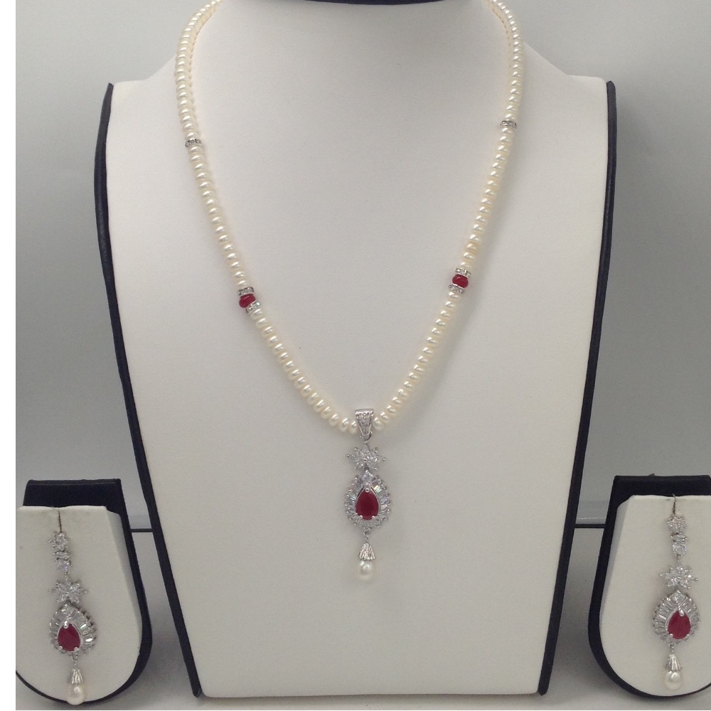 White, red cz pendent set with flat pearls mala jps0129