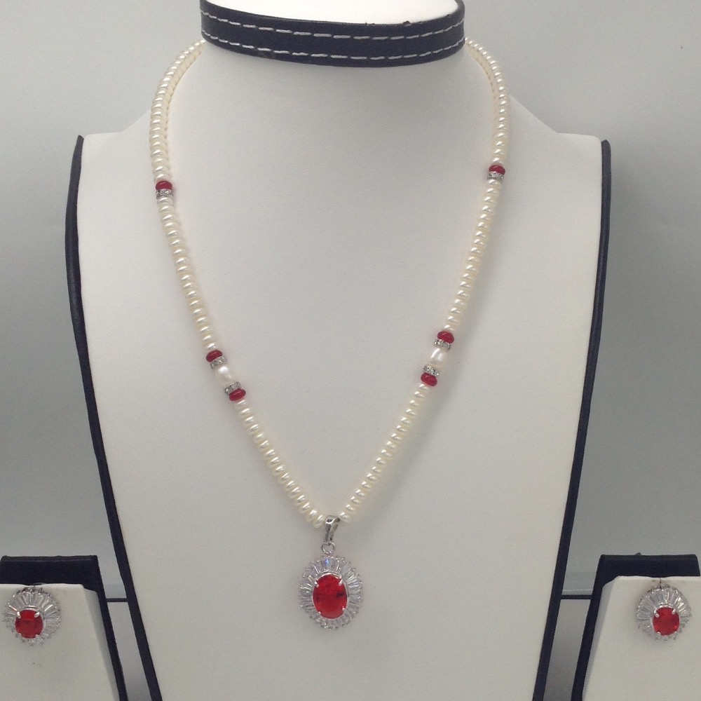 White,red cz pendent set with flat pearls mala jps0111