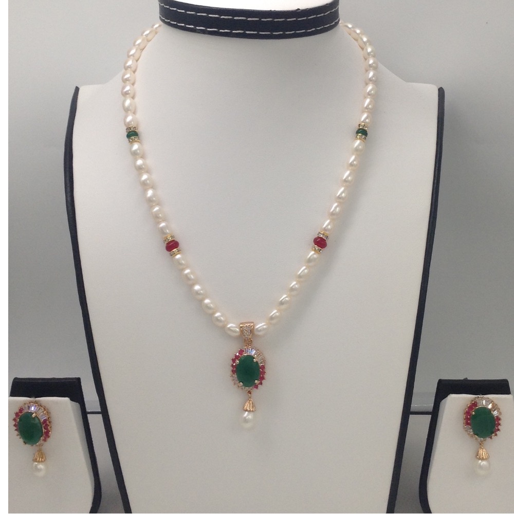 Tri colour cz pendent set with oval pearls mala jps0069