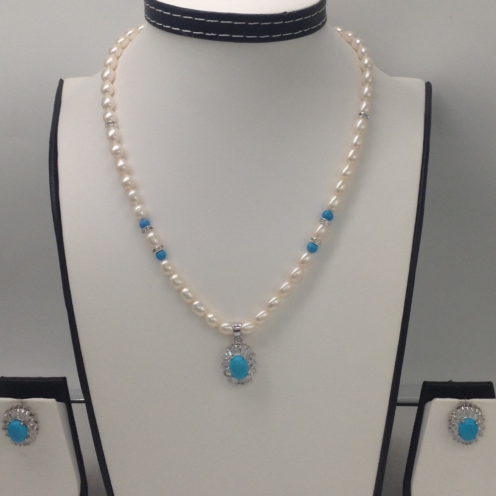 White cz,turquoise pendent set with oval pearls mala jps0085