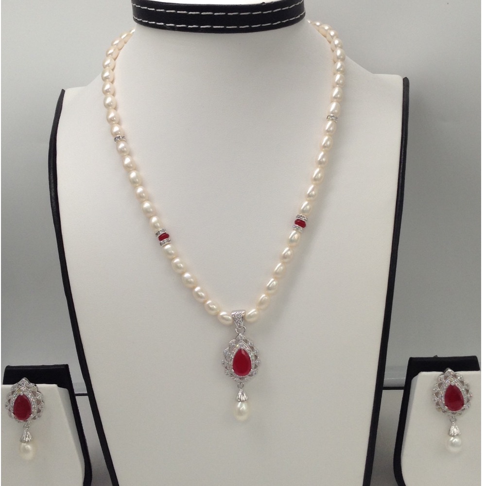 White,red cz pendent set with oval pearls mala jps0082