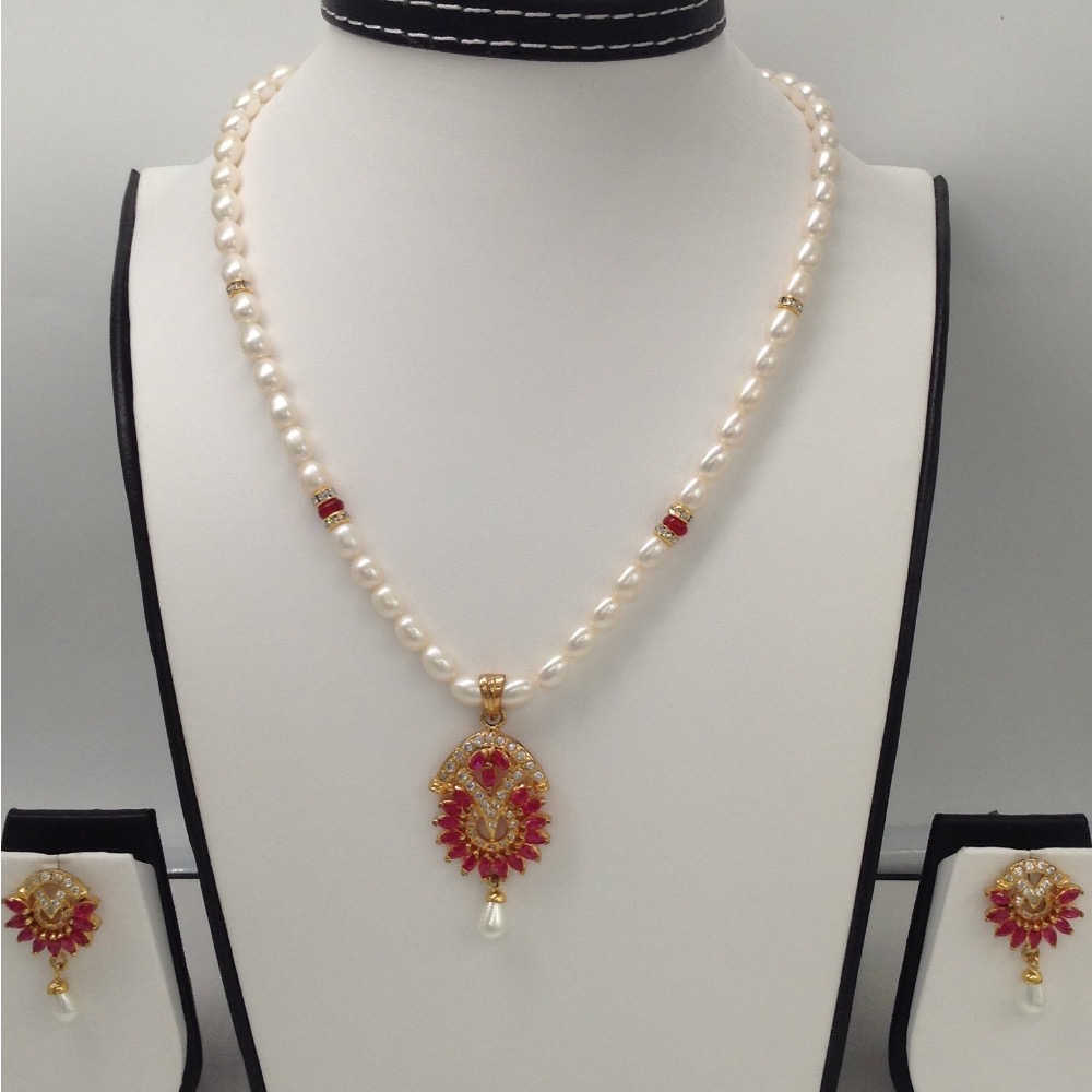 White,Red cz pendent set with oval pearls mala jps0093