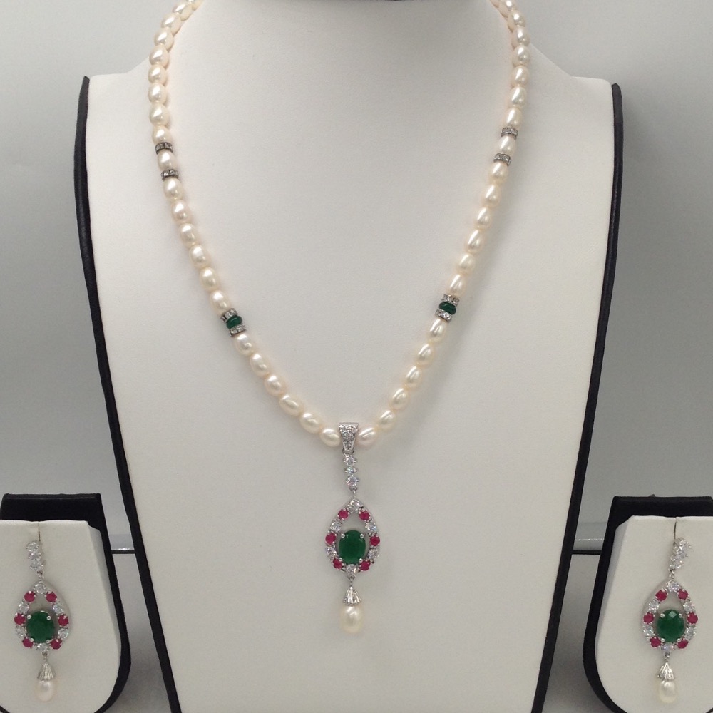 Tri colour cz pendent set with oval pearls mala jps0066