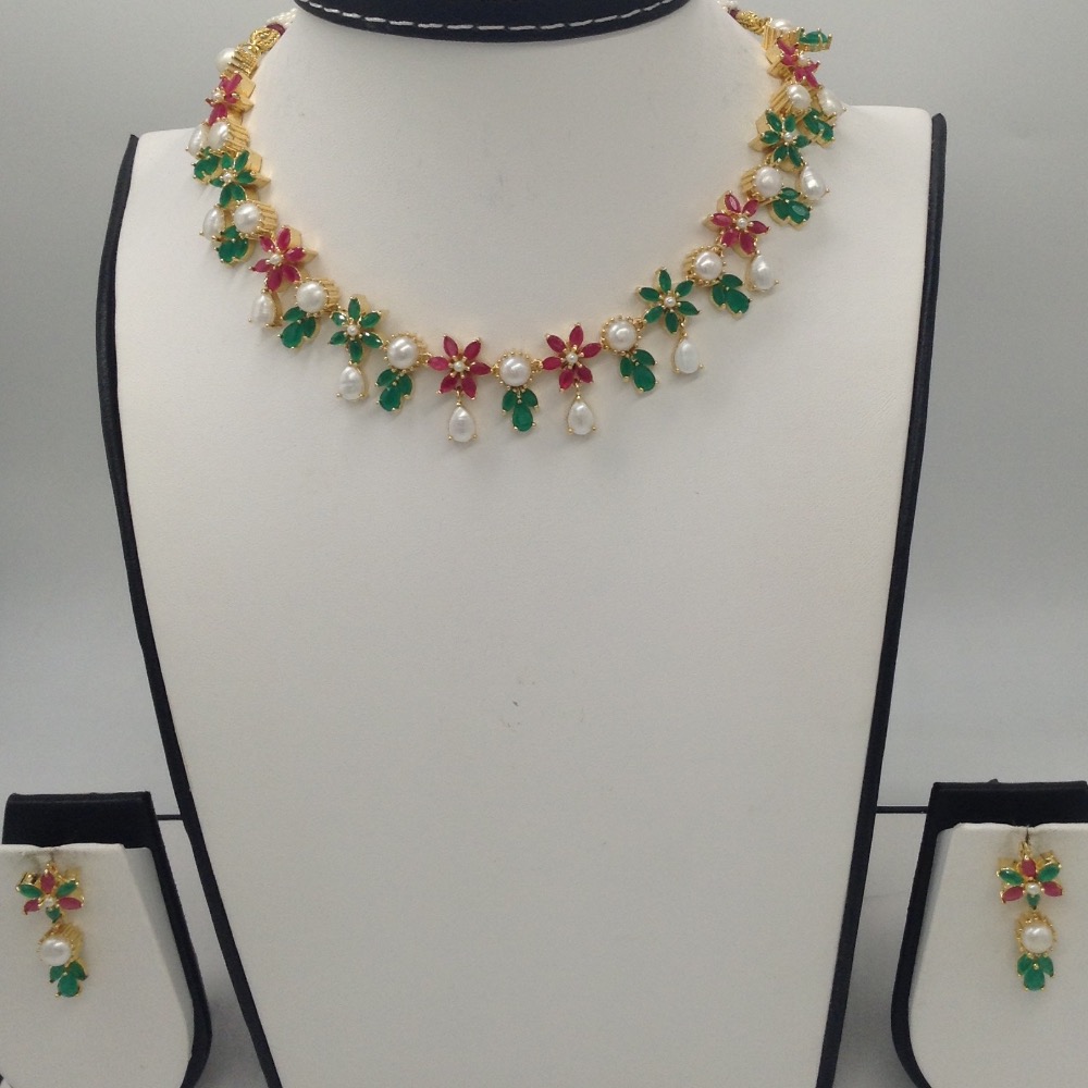 Pearls,Red and Green CZ Stones Marquise Necklace Set JNC0055