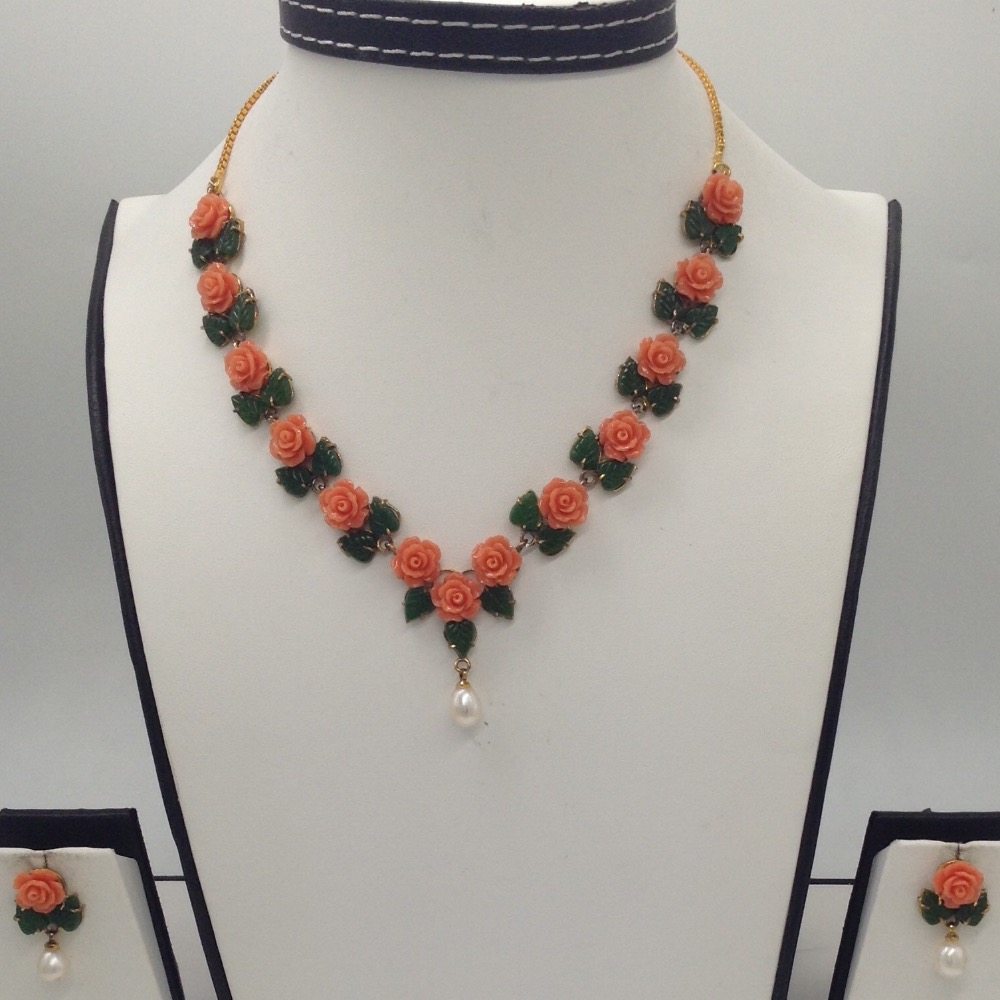 Orange Coral Flowers and Green Jade Leaves Necklace Set JNC0015