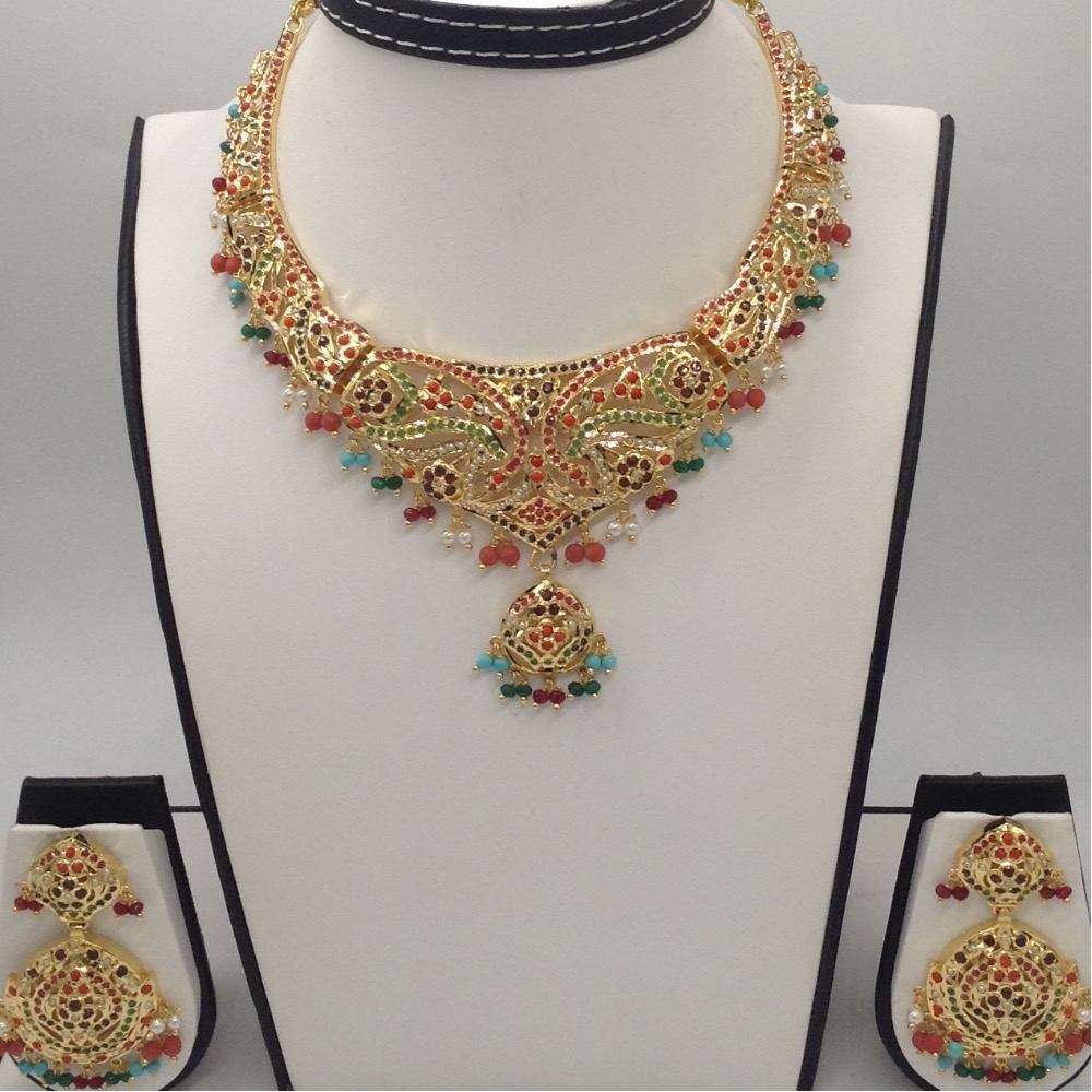 White Pearls and Navratan Stones Amritsar Necklace Set JNC0023