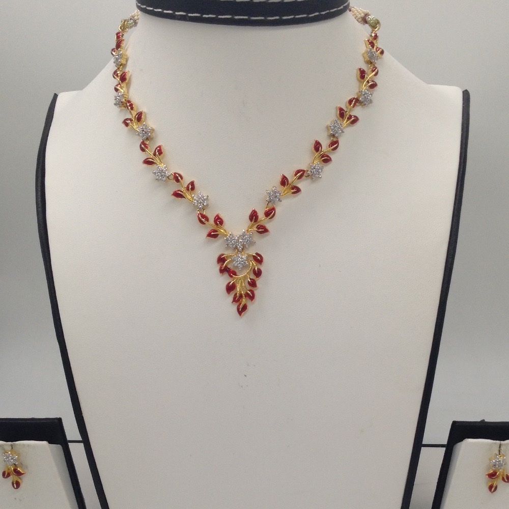 White CZ Stones Necklace Set With Red Enamel JNC0043