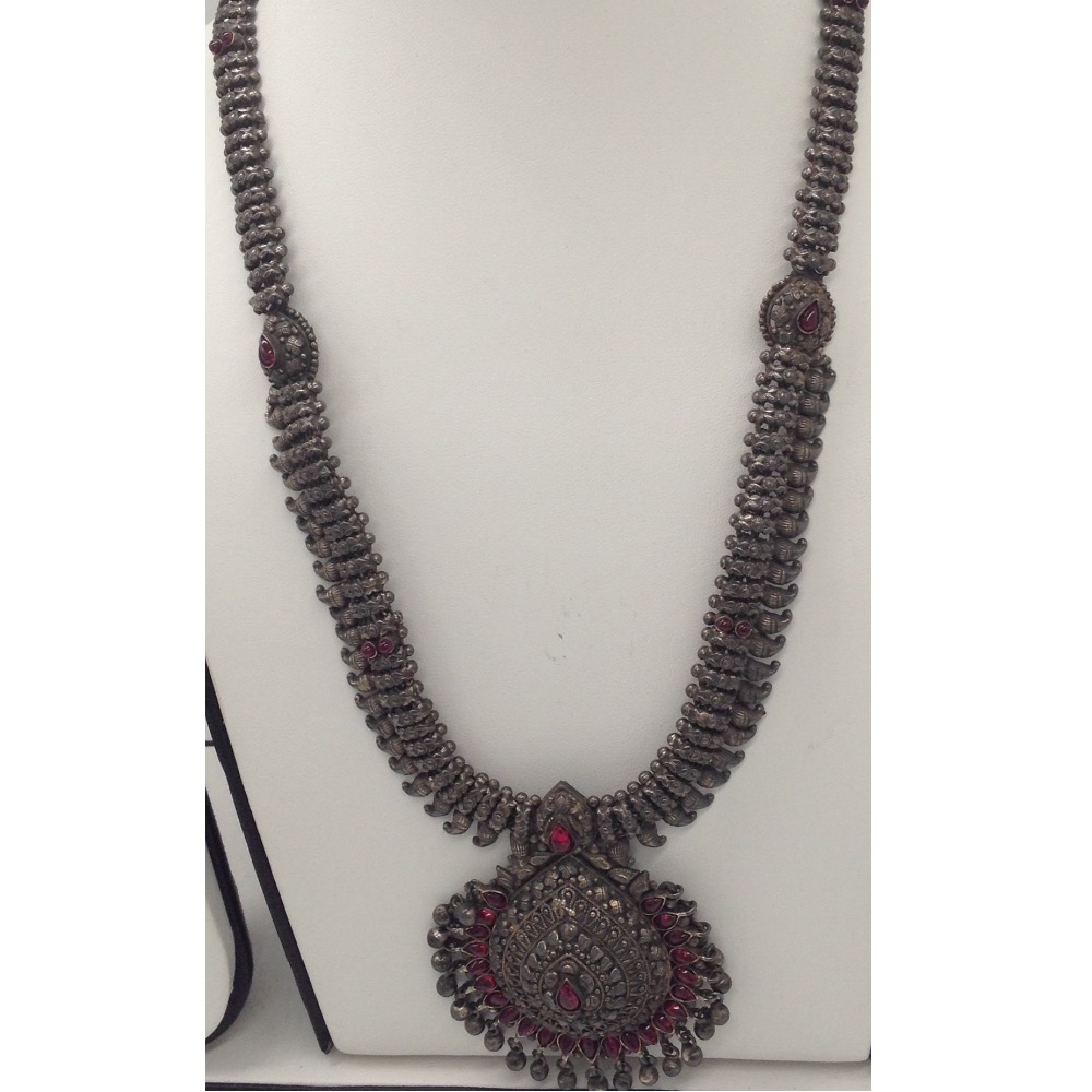 Silver 925 Oxidised Long Necklace Haar with Ruby Stones JNC0019