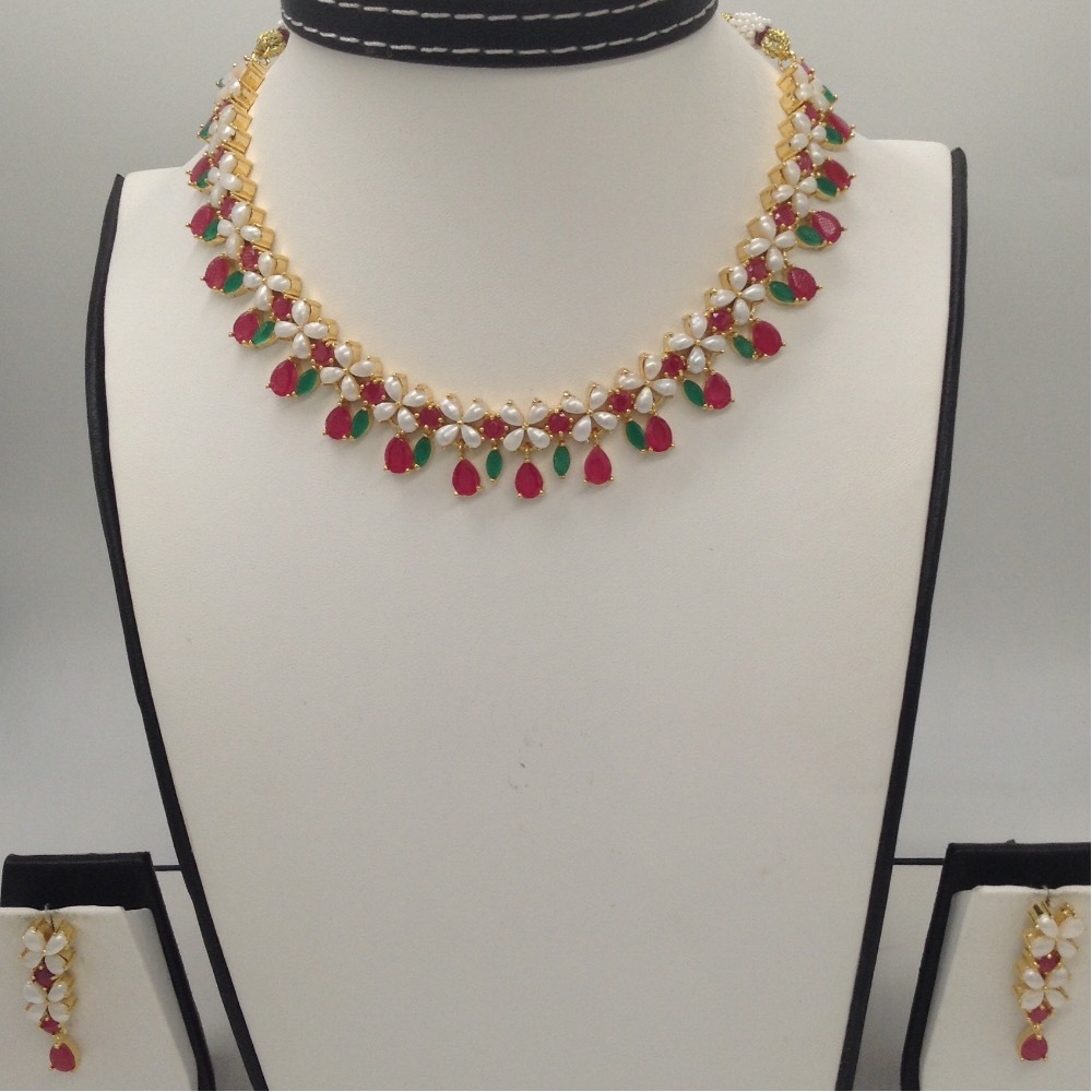 button pearls and red green cz stones necklace set jnc0062