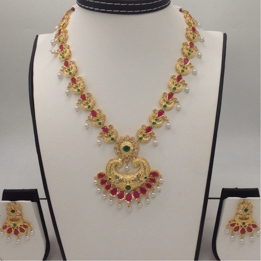 White CZ Polki , Green And Red Stones Necklace Set JNC0037