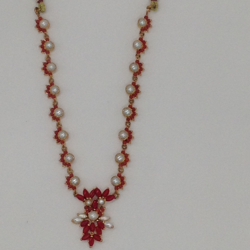 Freshwater White Button Pearls And Orange Corals Necklace Set JNC0051