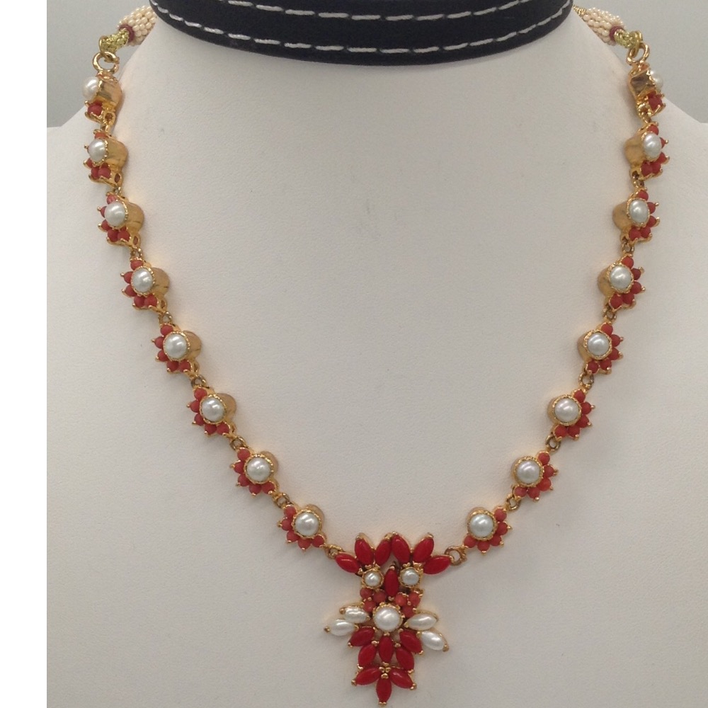 Freshwater White Button Pearls And Orange Corals Necklace Set JNC0051