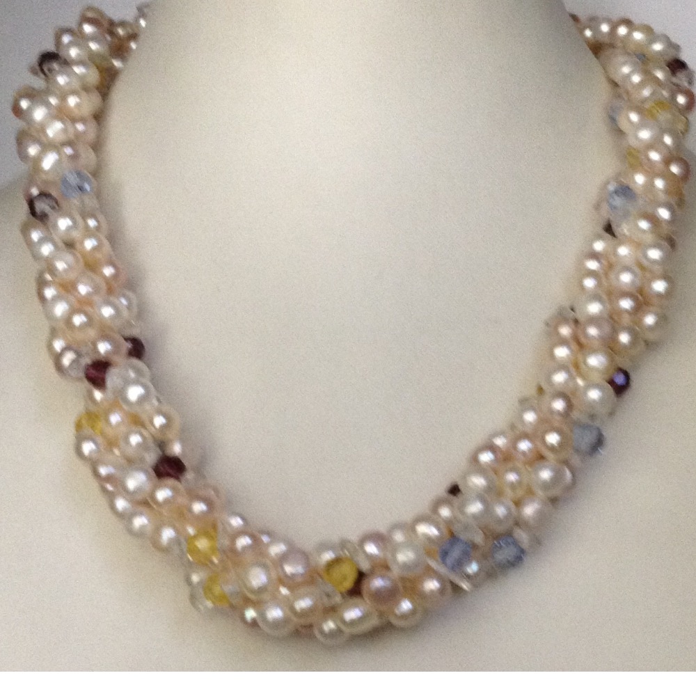 White And Pink Button Pearls Necklace With Crystals JPM0309