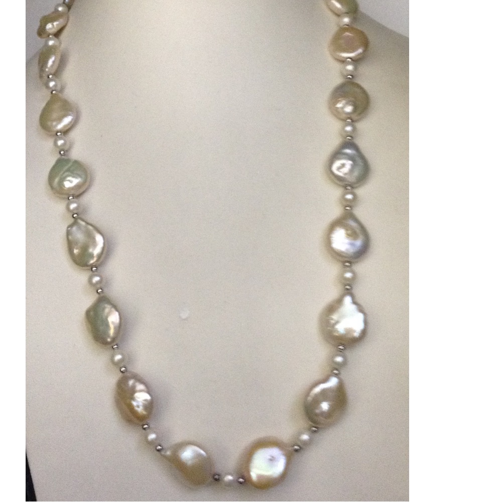 Freshwater White Drop Baroque and Round Pearls Mala With White Jaco balls JPM0308