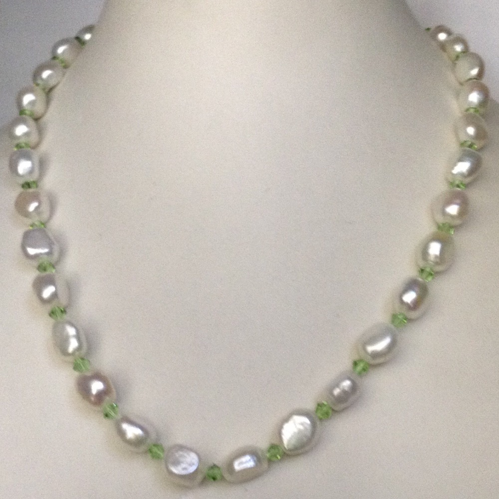 Freshwater White Oval Kudkal Pearls Mala With Green Crystals JPM0305