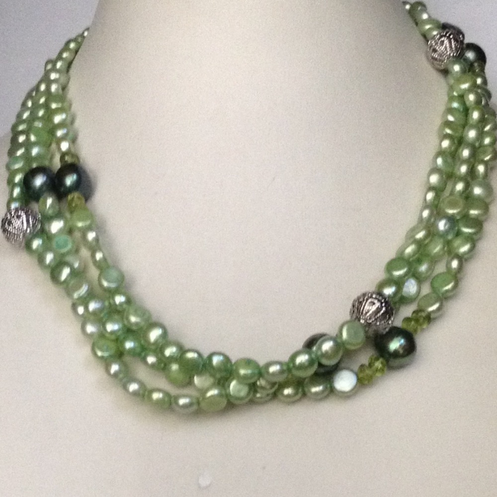 green button pearls long mala with peridot beeds JPM0300