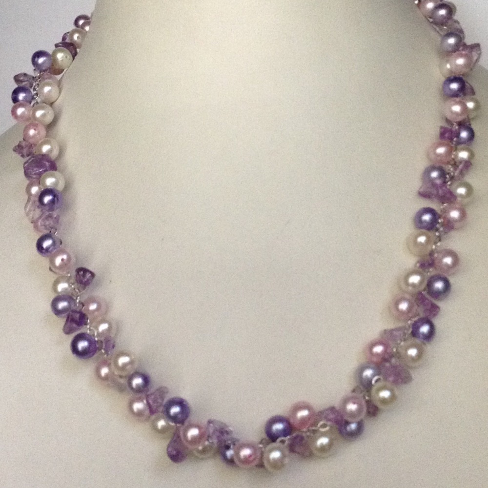 Freshwater Multicolour Round Pearls Silver Chain Mala with ametthyst Chips
