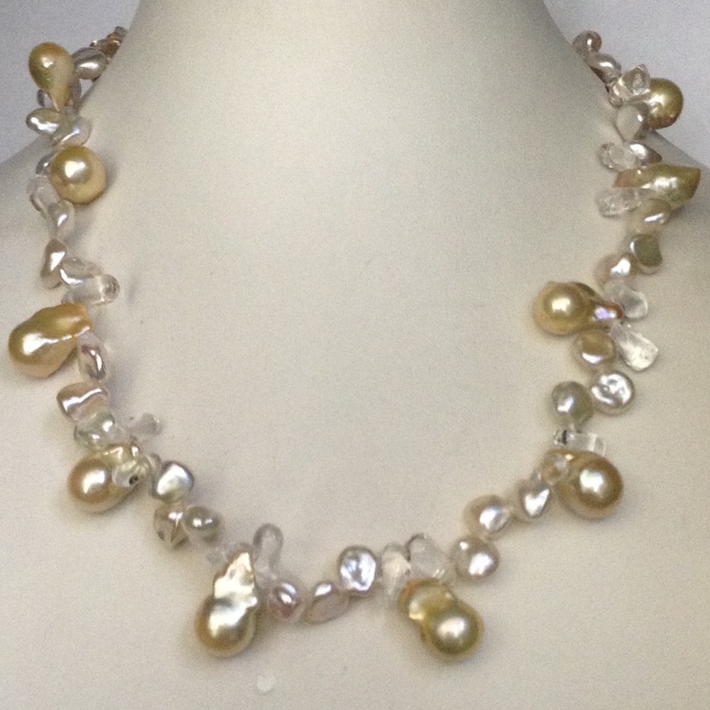Freshwater White Chips and Yellow Drop Baroque Pearls Mala with Sphetic drops JPM0297