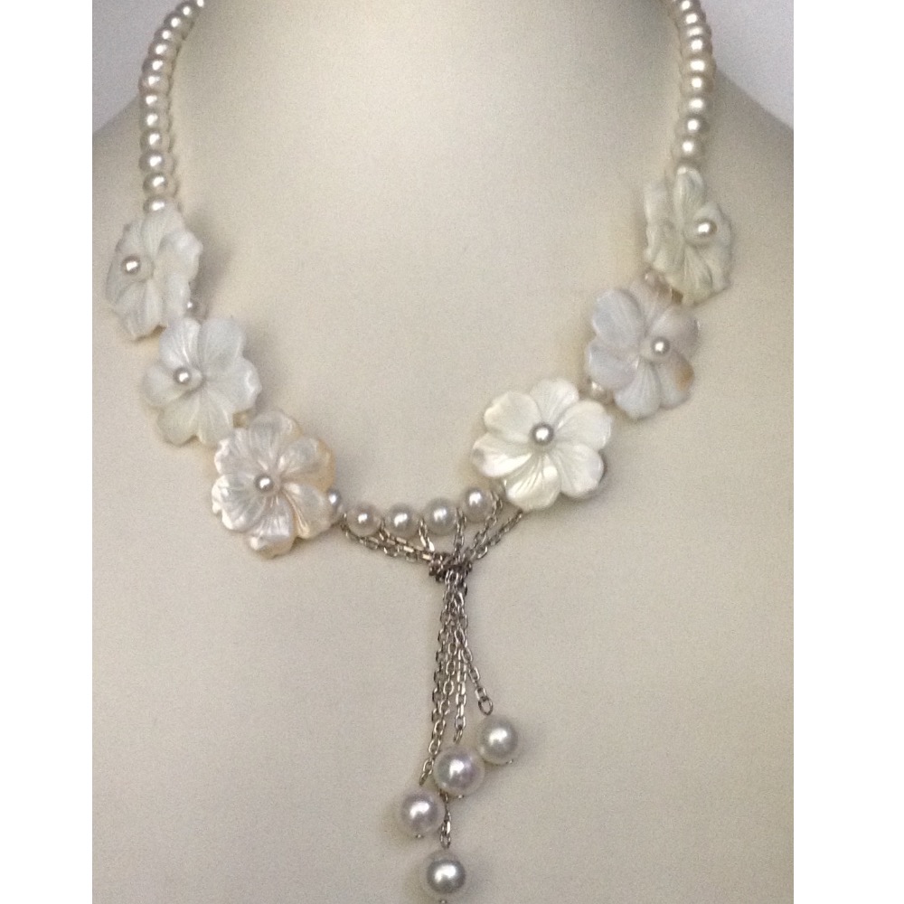 Freshwater White Potato Pearls mala with mother of Pearl Flowers