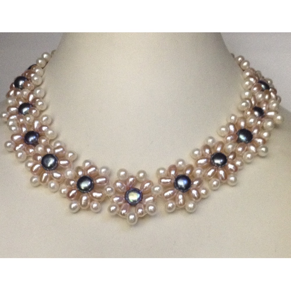 Freshwater Multicolour Oval and Flat Pearls Jaali Flower Necklace